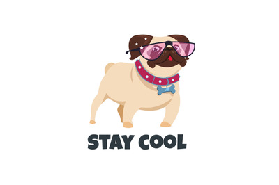 Pug dog with glasses. Funny puppy friend. Cute pug pet. Stay cool vect