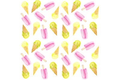 Bright watercolor summer seamless pattern with ice-cream