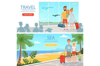 Family goes at vacations. Peoples at airport. Vector banners of travel