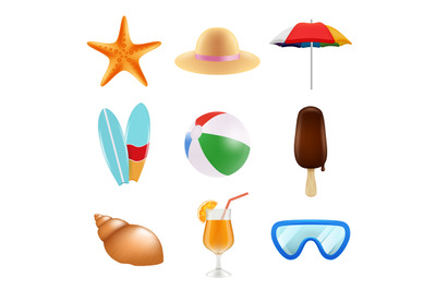 Summer odjects isolate. Realistic icons of summer time