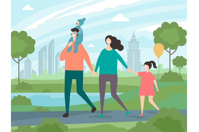 Happy family walking. Background illustrations of male and female with