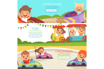 Amusement park banners. Family and happy kids walking and playing game