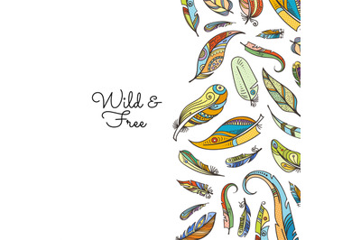 Vector boho doodle colored feathers background illustration