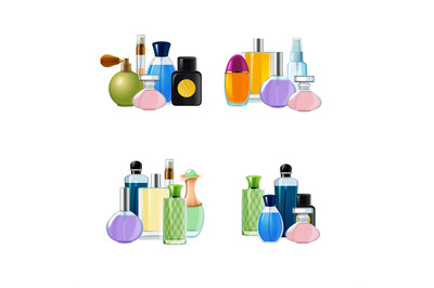 Vector piles of perfume bottles set illustration