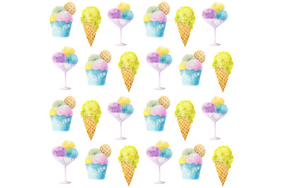 Bright summer watercolor seamless pattern with ice-cream