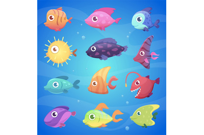 Colorful cartoon fish. Funny underwater animals with big eyes ocean an