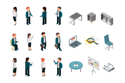 Business people isometric. Office corporate supplies furniture manager