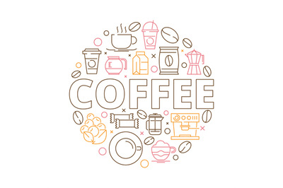 Coffee icons background. Circle shape from coffee grains espresso mill