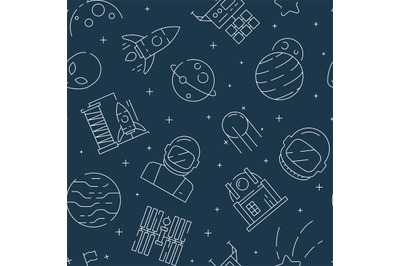 Space seamless pattern. Futuristic universe background with astronaut