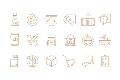 Logistic thin symbols. Delivering boxes and transport van free shipmen