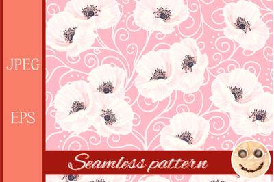 White anemones on the pink seamless pattern.