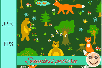 Animals in forest seamless pattern.