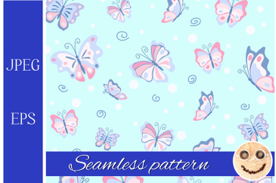 Pink butterfly ion the blue seamless pattern.