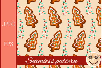 Gingerbread fir tree with glaze drops seamless pattern.