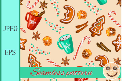 Christmas gingerbread, mulled wine, cocoa seamless pattern.