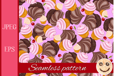 Cupcake and cherry&nbsp; vector seamless pattern.