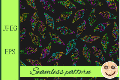 Neon colors ice cream on black seamless pattern.