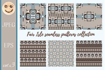 Fair Isle brown beige blue white seamless pattern collection.