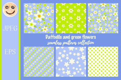 Daffodils on the blue seamless pattern set.