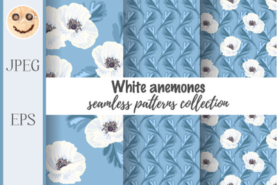 White anemones on the blue seamless pattern set.