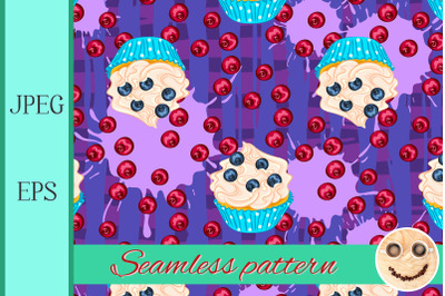 Cupcake with blueberry on purple seamless pattern.