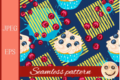 Cupcake with red berry on blue seamless pattern.