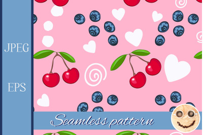 Cherry, blueberry, white heart on pink seamless pattern.