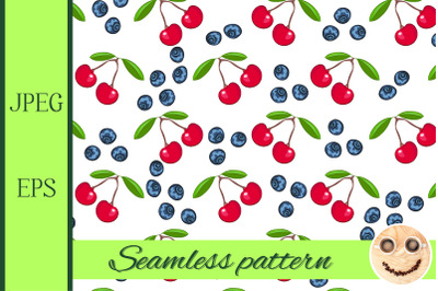 Fresh cherry, blueberry on white seamless pattern.