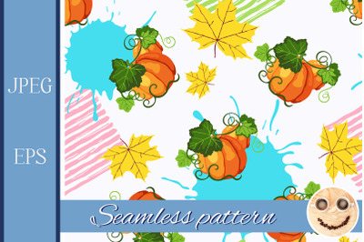 Seamless pattern witn pumpkin, paint splash and fall leaves.