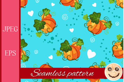 Seamless pattern with pumpkin and decorative hearts.