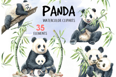 Panda with bamboo. Watercolor animal cliparts.