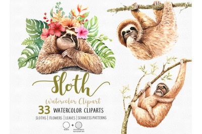 Sloth. Animals watercolor cliparts.