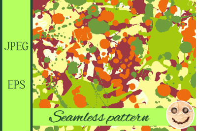Maroon orange yellow green ink paint splashes seamless pattern.