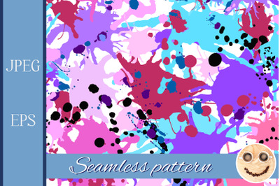 Turquoise purple pink ink paint splashes seamless pattern.