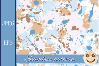 Blue beige brown white ink paint splashes seamless pattern.