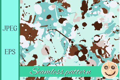 Turquoise brown beige shades ink paint splashes seamless pattern.