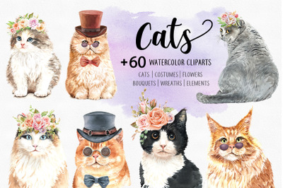 Cat Lover Watercolor Cliparts, Animals watercolor, Kitty Clipart.