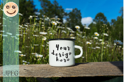 White campfire enamel mug mockup with daisy field