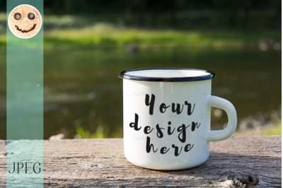 White campfire enamel mug mockup with sun beams