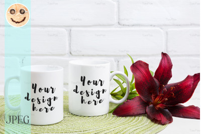 Two coffee mug mockup with maroon lily