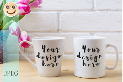 White coffee and latte mug mockup with magenta tulip