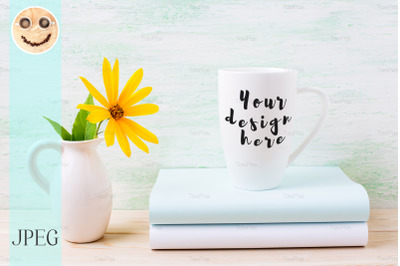 White cappuccino mug mockup with yellow rosinweed flowers in pitcher