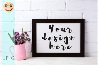 Black brown  landscape frame mockup with purple flowers in pink rustic