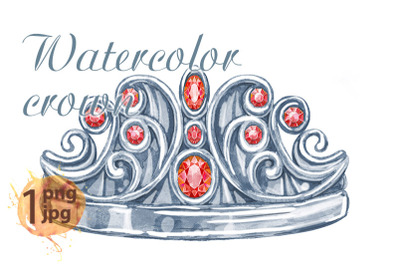 Watercolor silver crown Princess with precious stones ruby