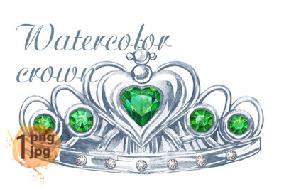 Watercolor silver crown Princess with precious stones emerald