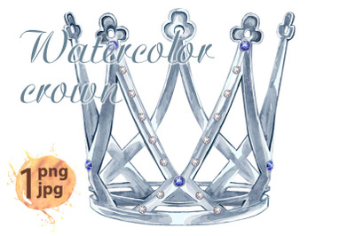 Watercolor silver crown Princess with precious stones