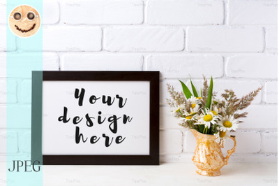 Black brown  landscape frame mockup with chamomile and grass in golden