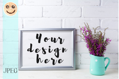 Download Silver landscape frame mockup with maroon purple flowers ... PSD Mockup Templates