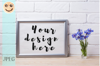 Silver landscape frame mockup with cornflower