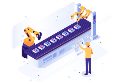 Isometric robotic factory. Engineer operates robotic conveyor, automat